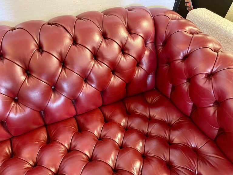 Large Oxblood Burgundy Red Leather Button Tufted Chesterfield Sofa at