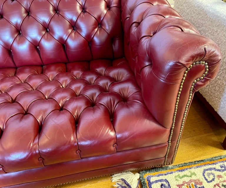 Large Oxblood Burgundy Red Leather Button Tufted Chesterfield Sofa at