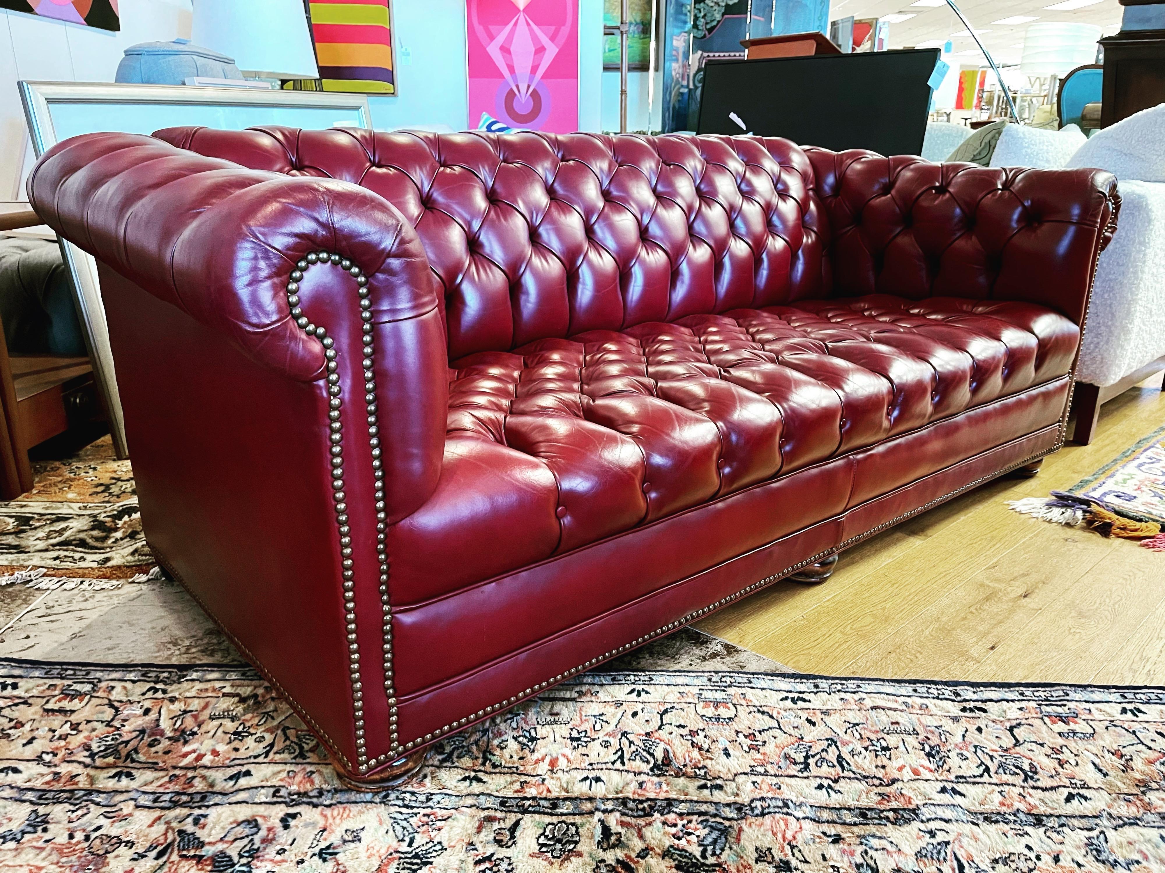 Large Oxblood Burgundy Red Leather Button Tufted Chesterfield Sofa 8