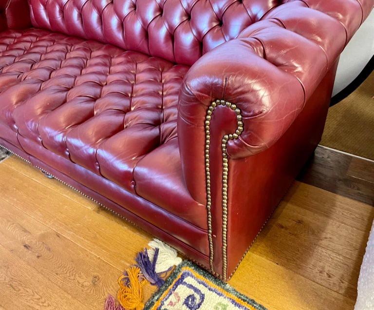 Large Oxblood Burgundy Red Leather Button Tufted Chesterfield Sofa at