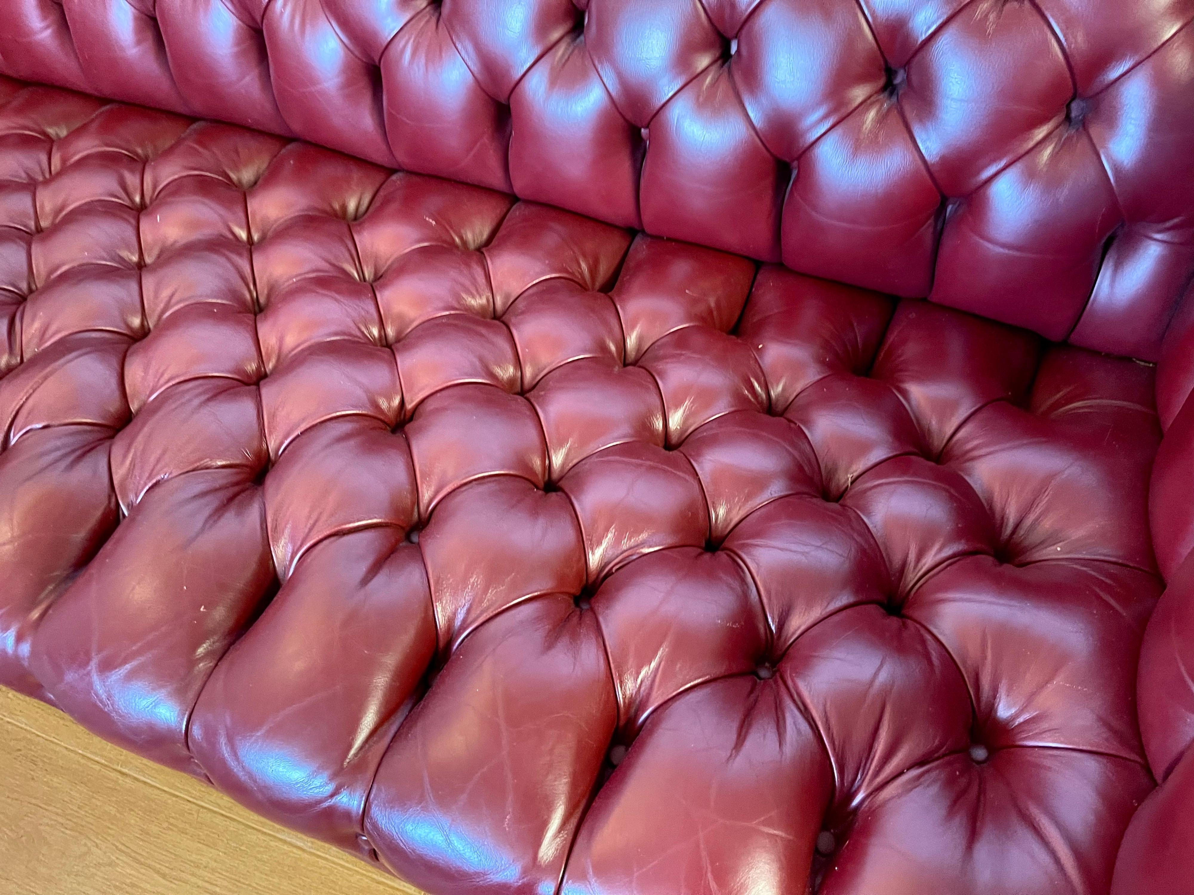 English Large Oxblood Burgundy Red Leather Button Tufted Chesterfield Sofa