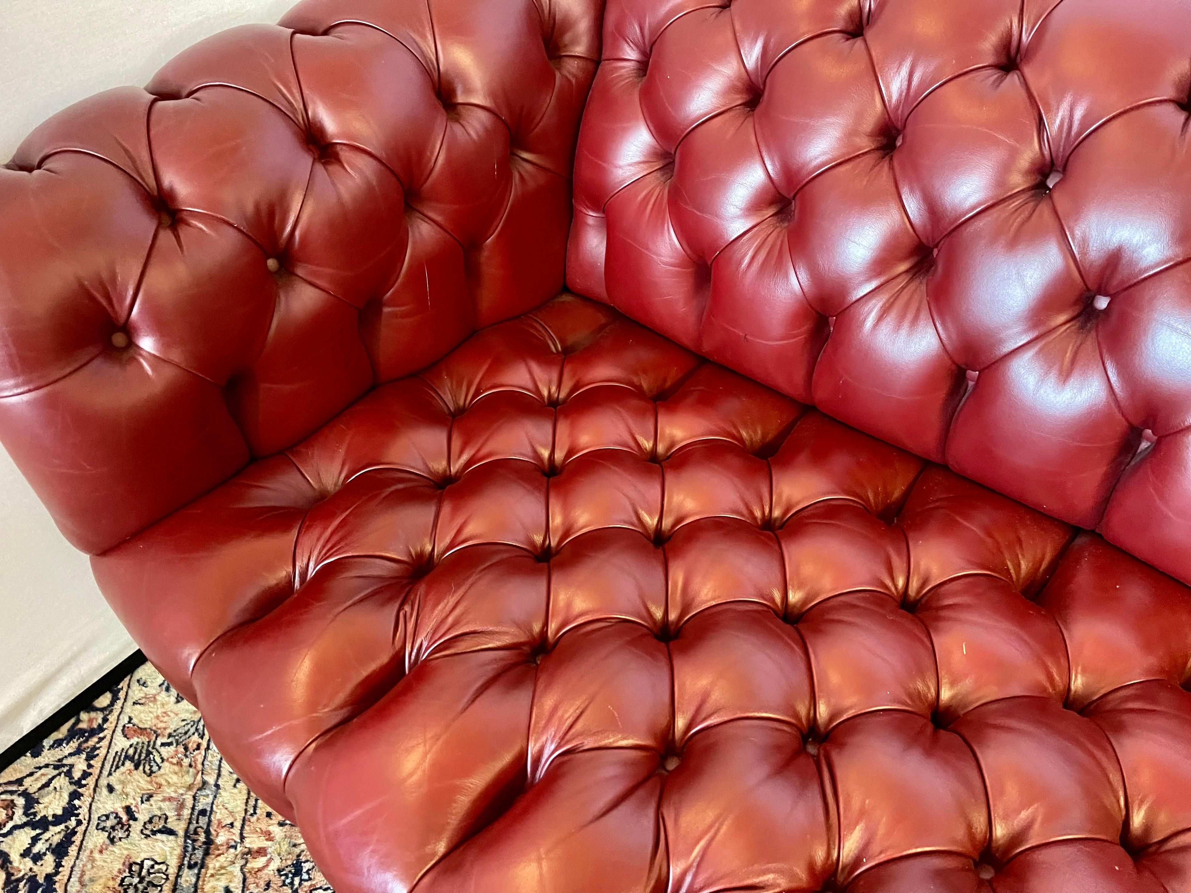 Large Oxblood Burgundy Red Leather Button Tufted Chesterfield Sofa In Good Condition In West Hartford, CT