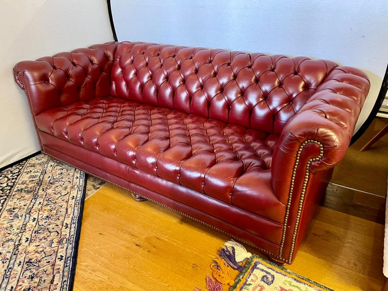 Large Oxblood Burgundy Red Leather Button Tufted Chesterfield Sofa at
