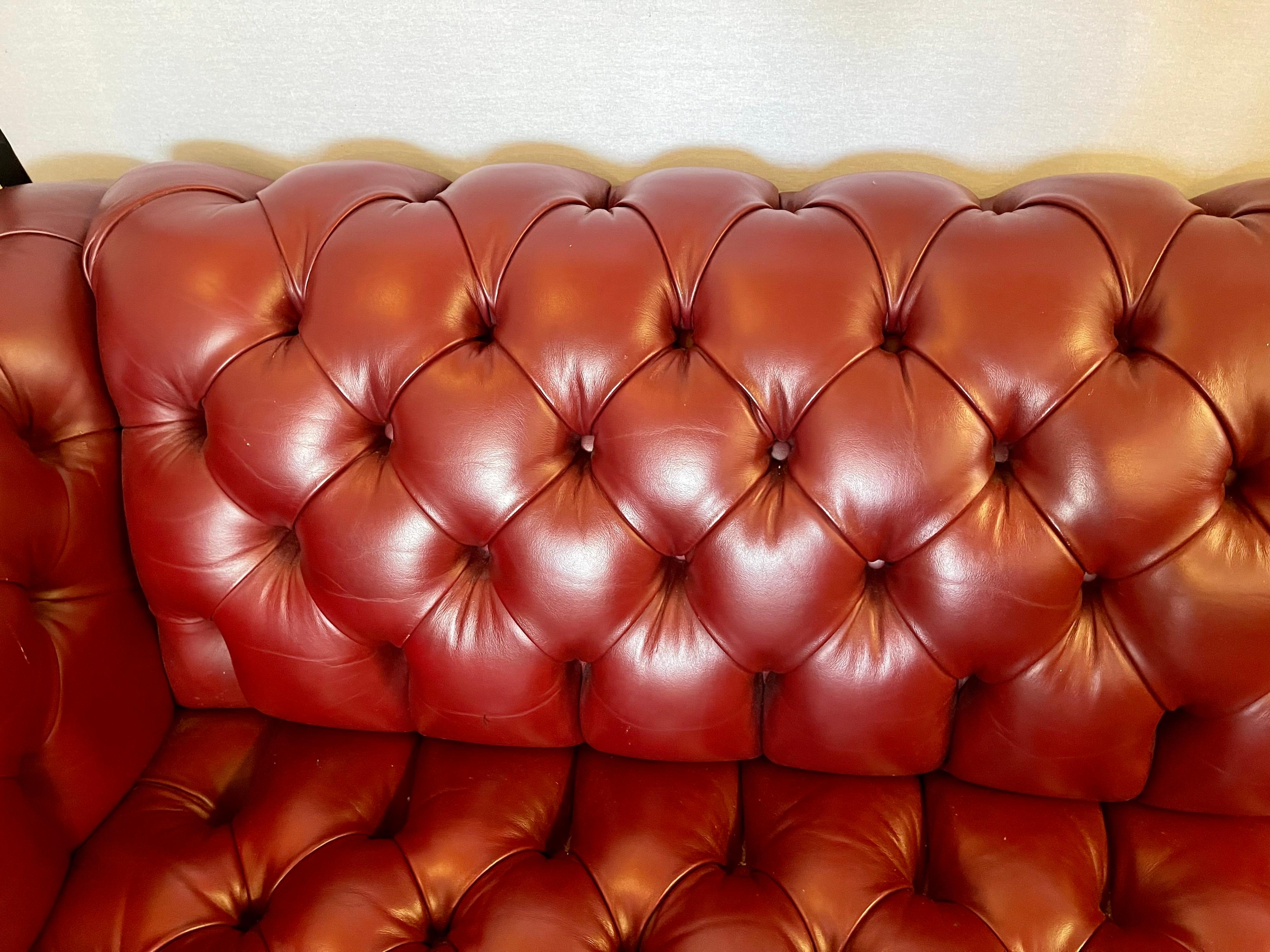 Brass Large Oxblood Burgundy Red Leather Button Tufted Chesterfield Sofa
