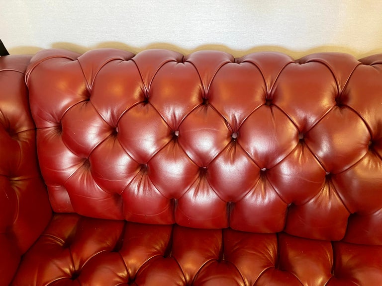 Large Oxblood Burgundy Red Leather Button Tufted Chesterfield Sofa at
