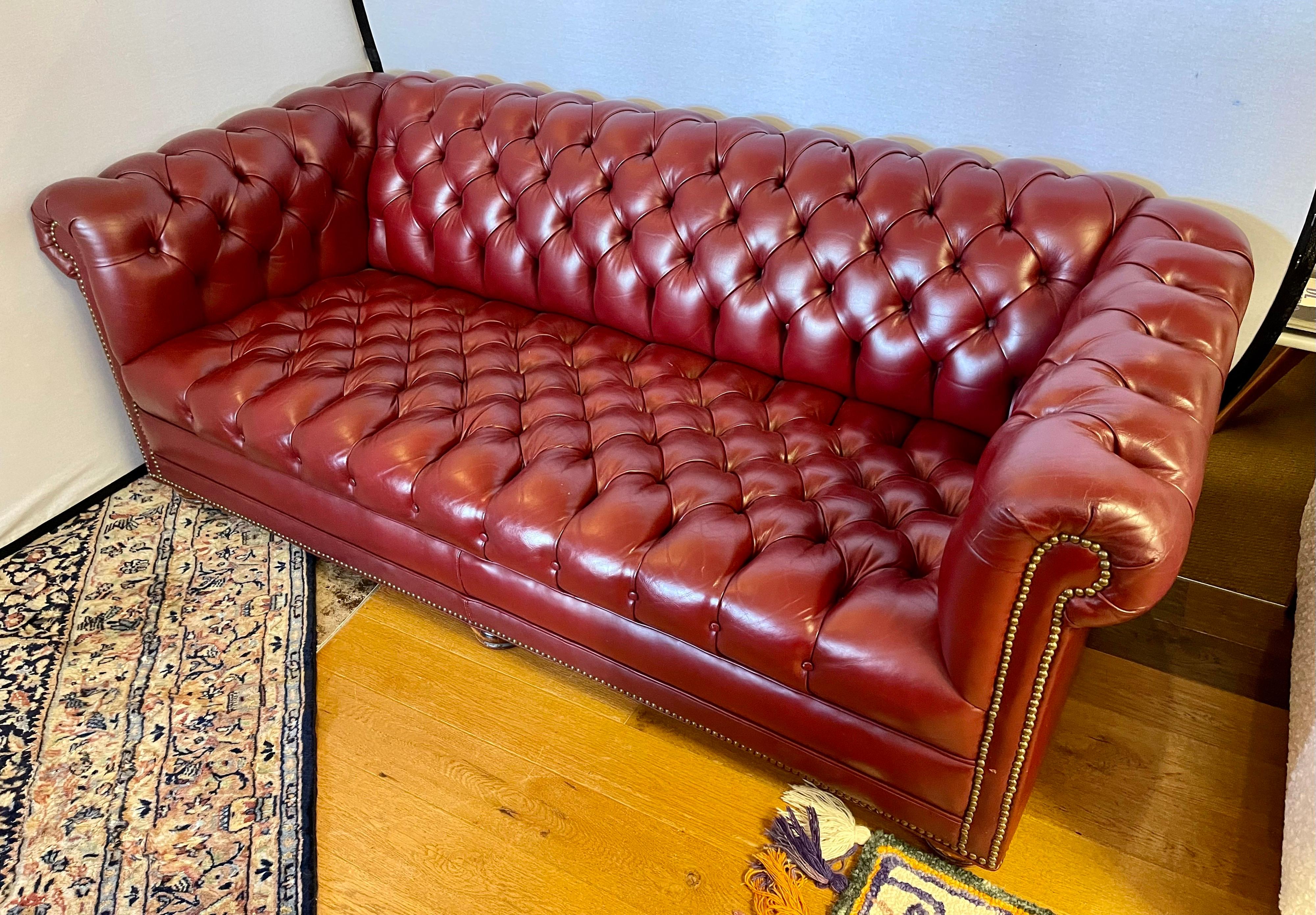 Large Oxblood Burgundy Red Leather Button Tufted Chesterfield Sofa 1