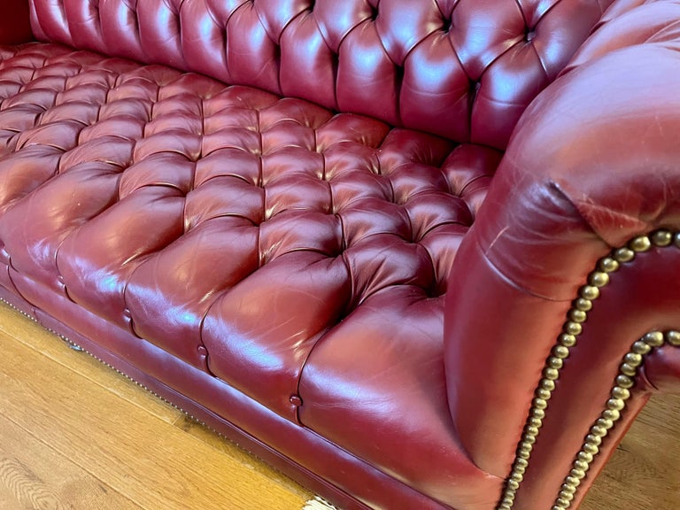 Large Oxblood Burgundy Red Leather Button Tufted Chesterfield Sofa at