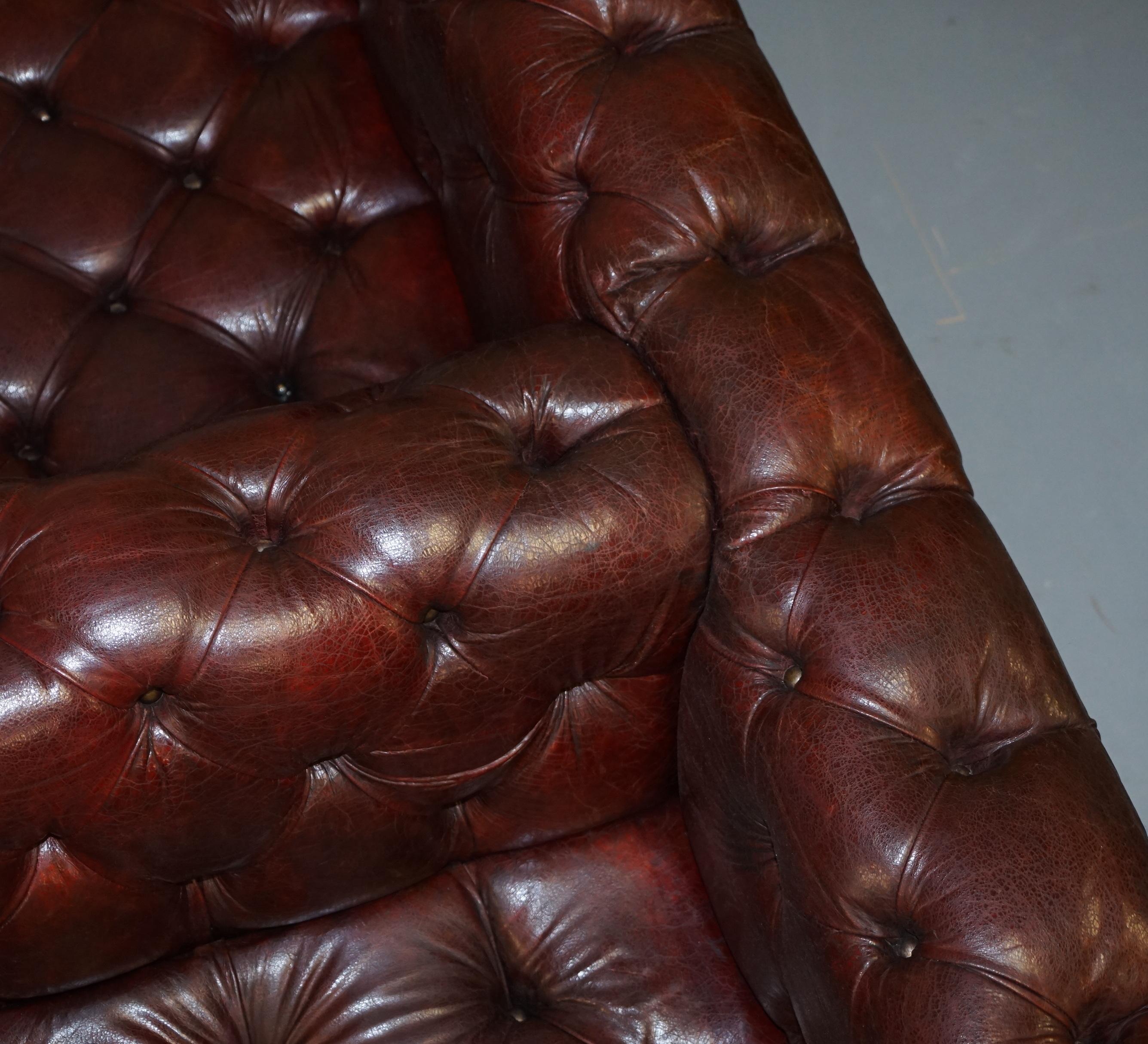 Large Oxblood Vintage Leather Double Sided Chesterfield Tufted Conversation Sofa 4
