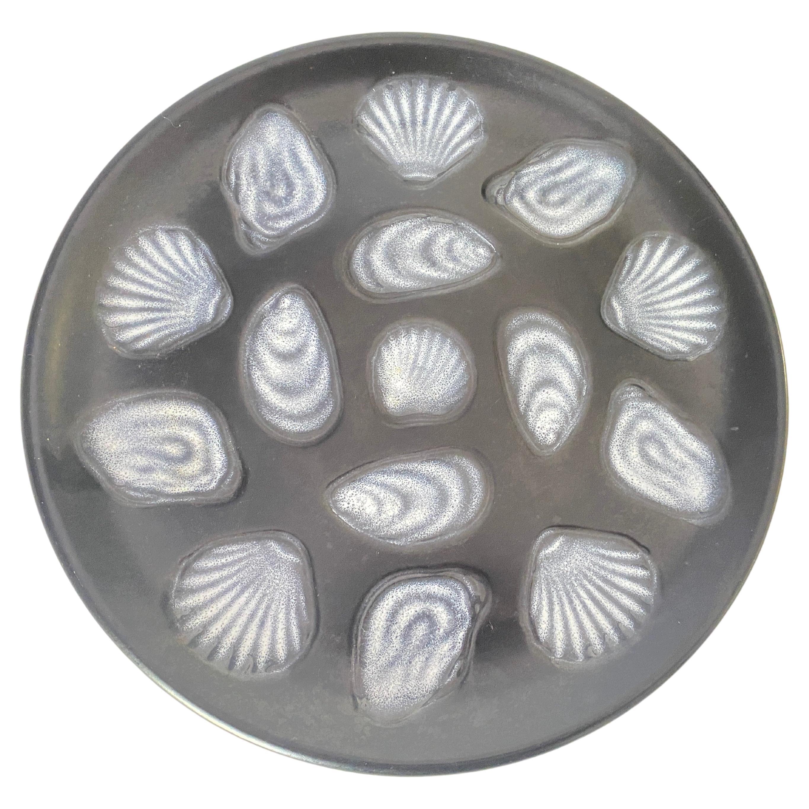 Large Oyster Plate in Ceramic BlACK and White Color, 1960 France by Elchinger For Sale