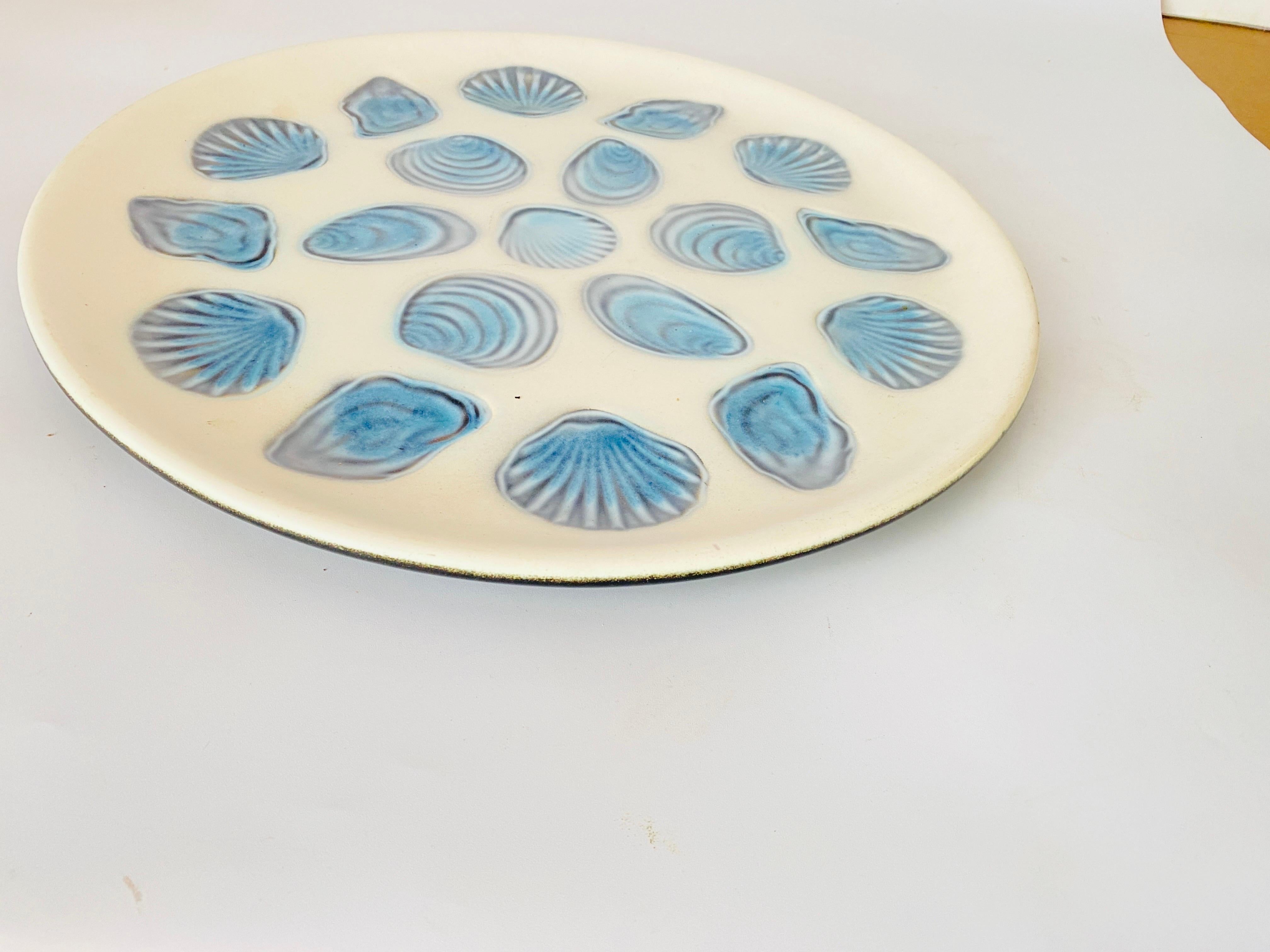 Large Oyster Plate in Ceramic Blue and White Color, 1960 France by Elchinger For Sale 2