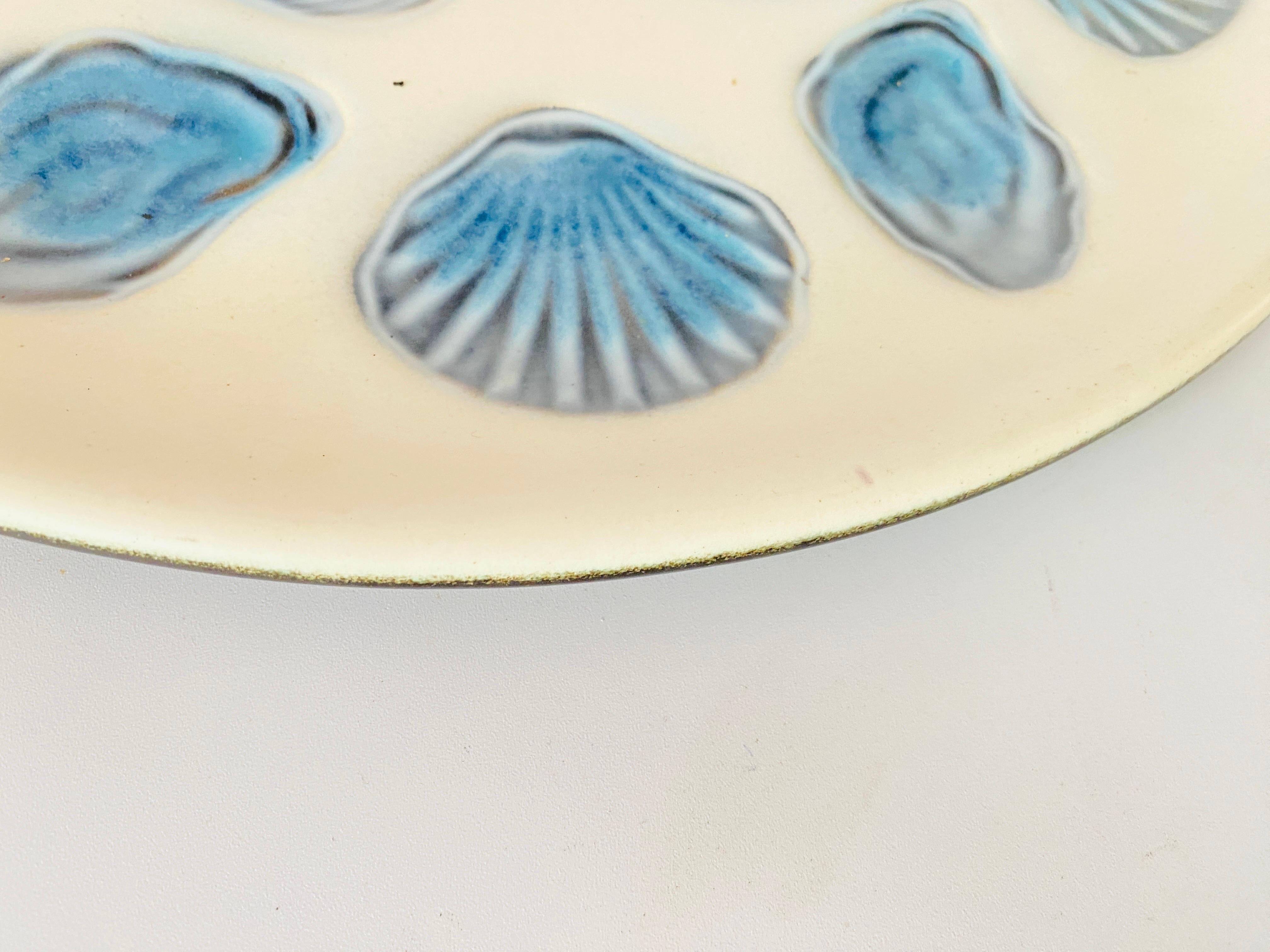 Hand-Painted Large Oyster Plate in Ceramic Blue and White Color, 1960 France by Elchinger