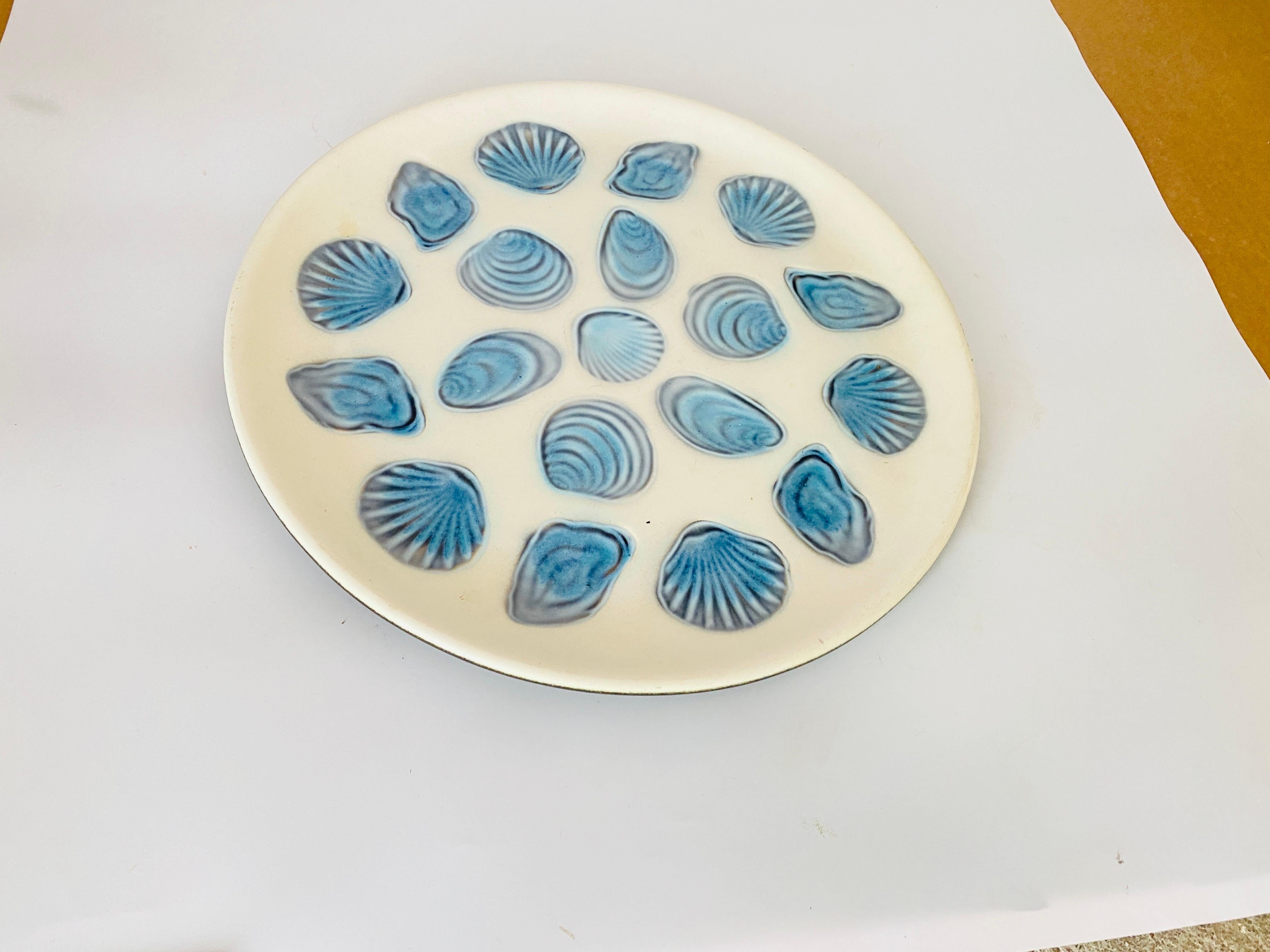 Large Oyster Plate in Ceramic Blue and White Color, 1960 France by Elchinger For Sale 2
