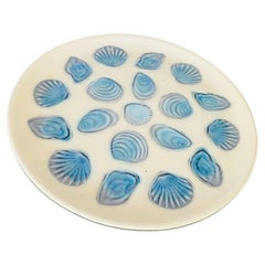 Large Oyster Plate in Ceramic Blue and White Color, 1960 France by Elchinger