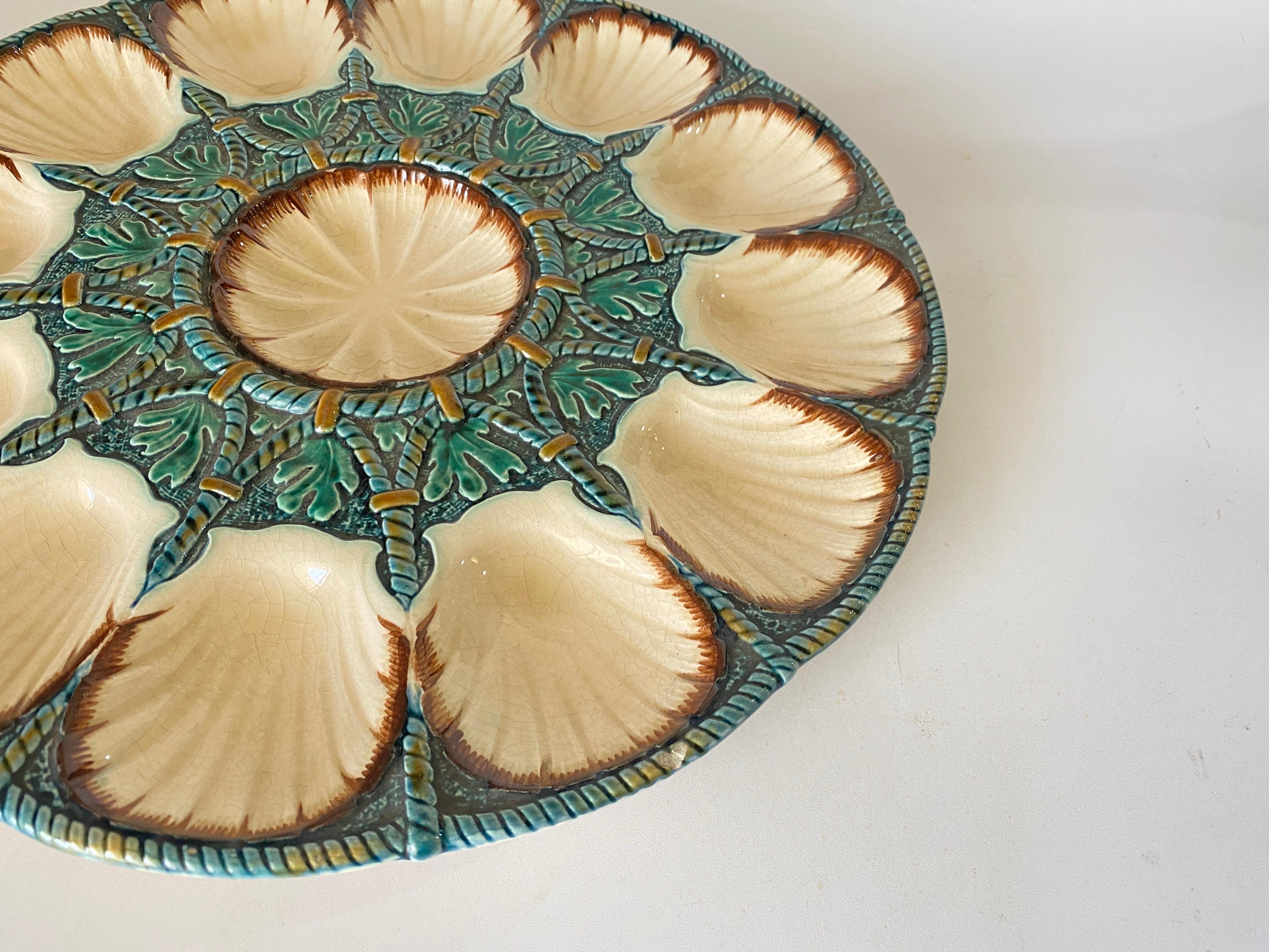 French Large Oyster Plate in Majolica Blue and White Color, 19th Century, France