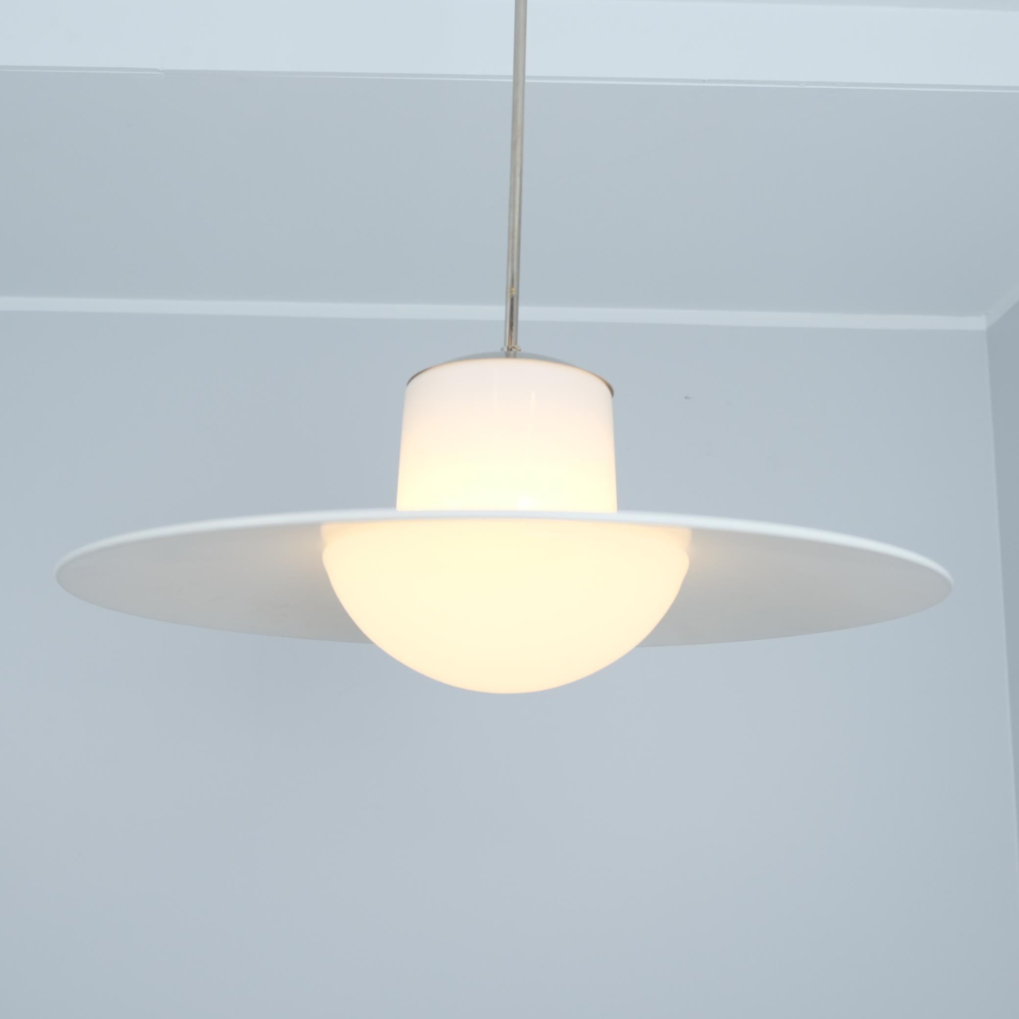 Mid-Century Modern Large Paavo Tynell Pendant, Chromed Metal, Painted Shade, & Opaline Glass, 1950s For Sale
