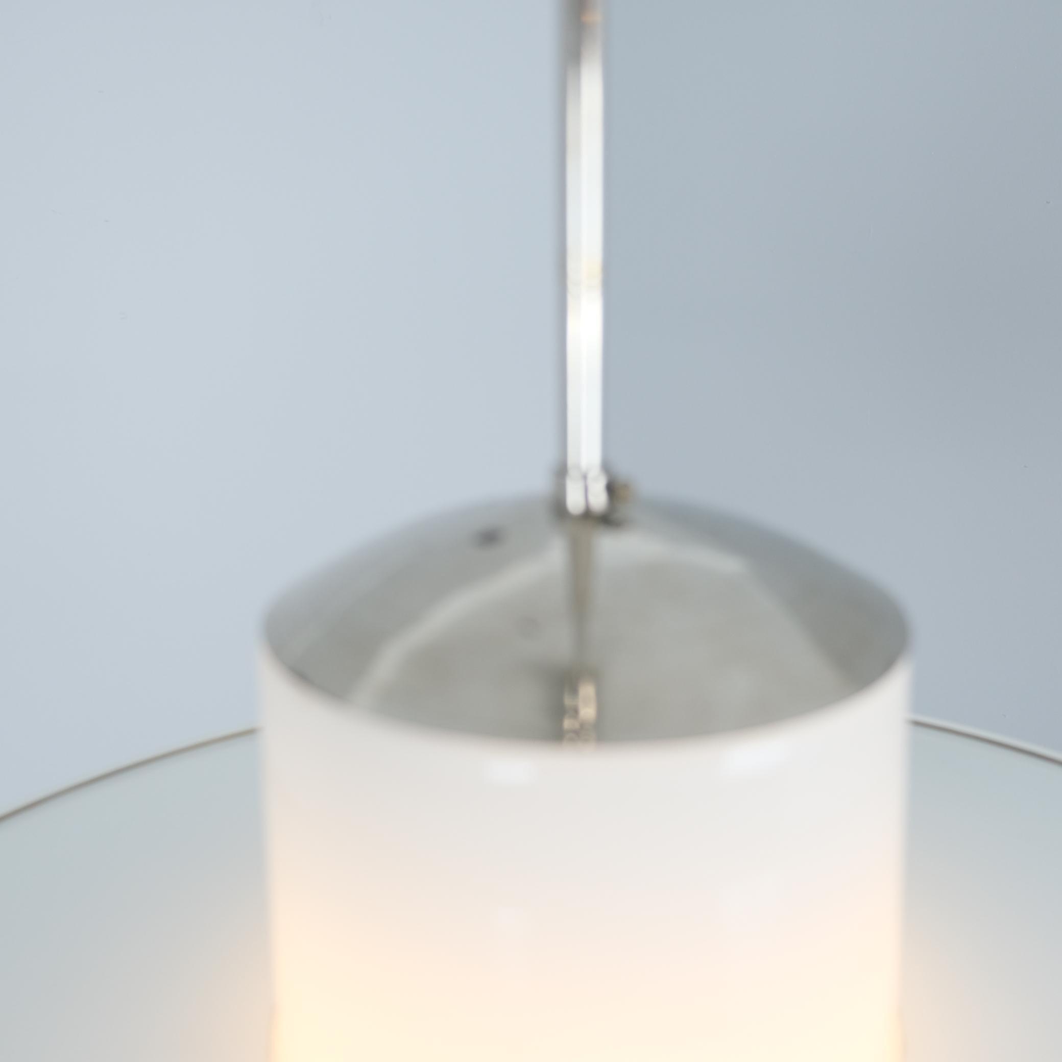 Mid-20th Century Large Paavo Tynell Pendant, Chromed Metal, Painted Shade, & Opaline Glass, 1950s For Sale