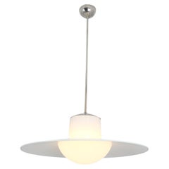Large Paavo Tynell Pendant, Chromed Metal, Painted Shade, & Opaline Glass, 1950s