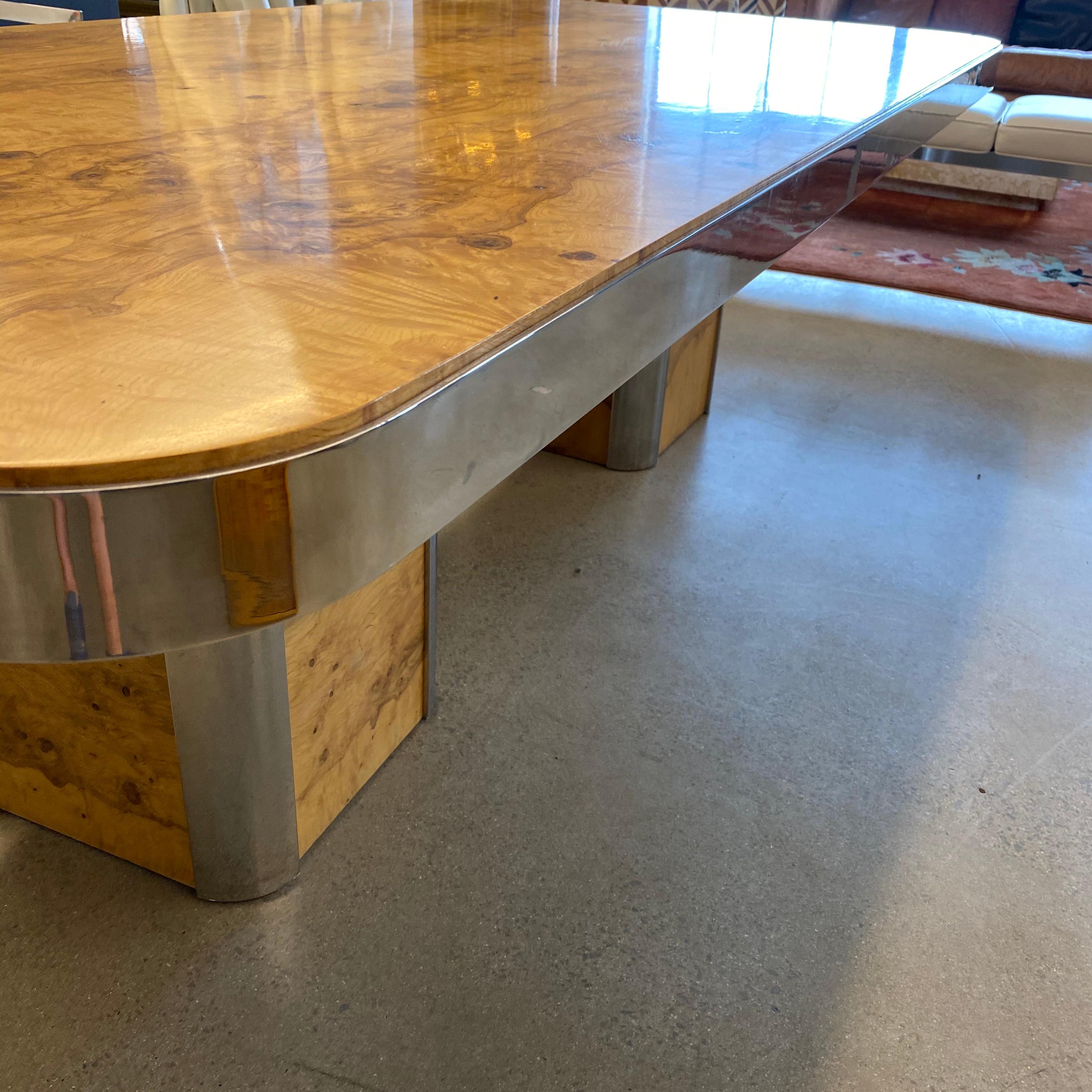 Large Pace Collection Dining Room Table Burl Wood and Chrome 6