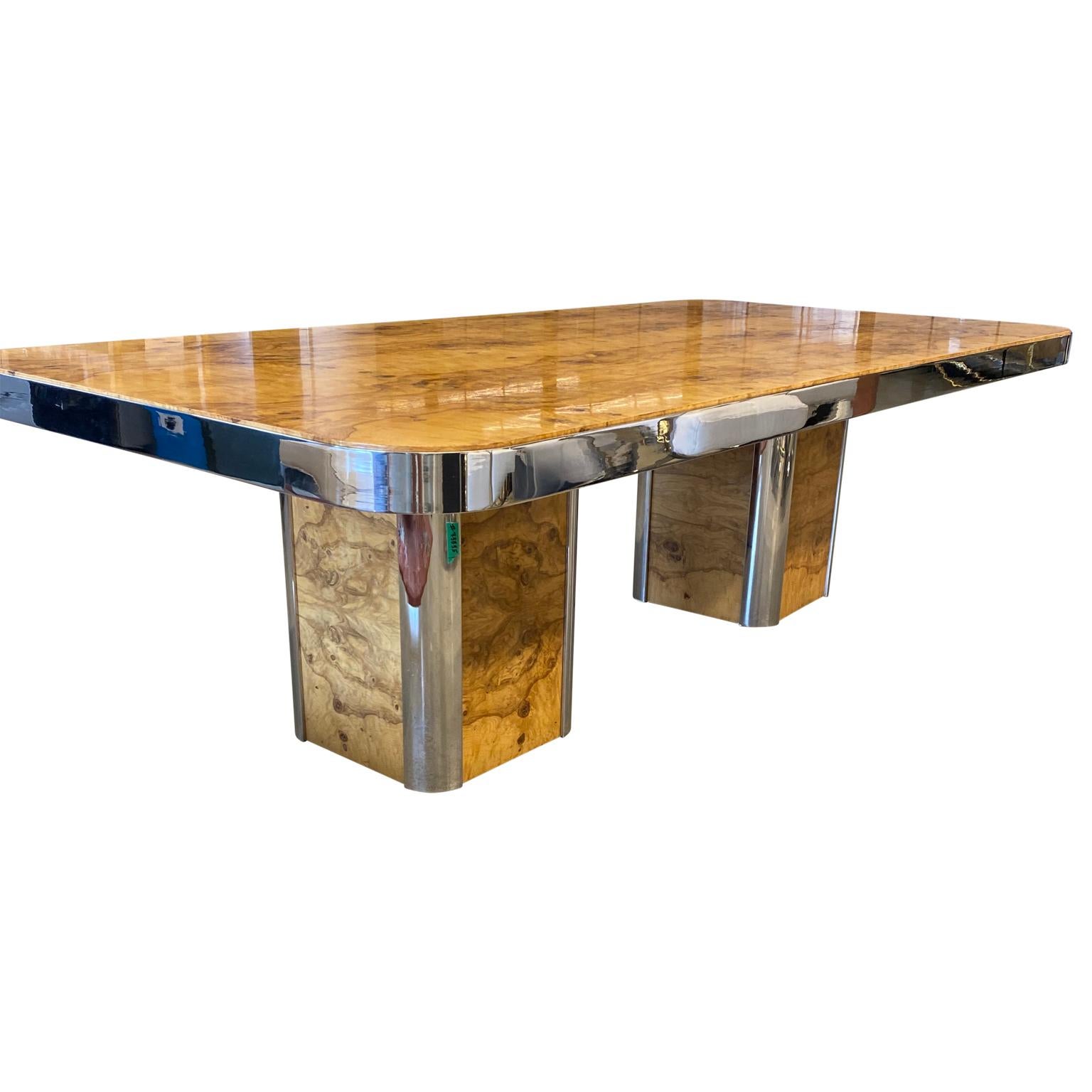 Large Pace Collection dining room table in burl wood and chrome

Pace Collection was a famous America furniture maker based in New York and operating from the 1960s until it closed in 2001. Pace worked with a large group of famous designer.
 
