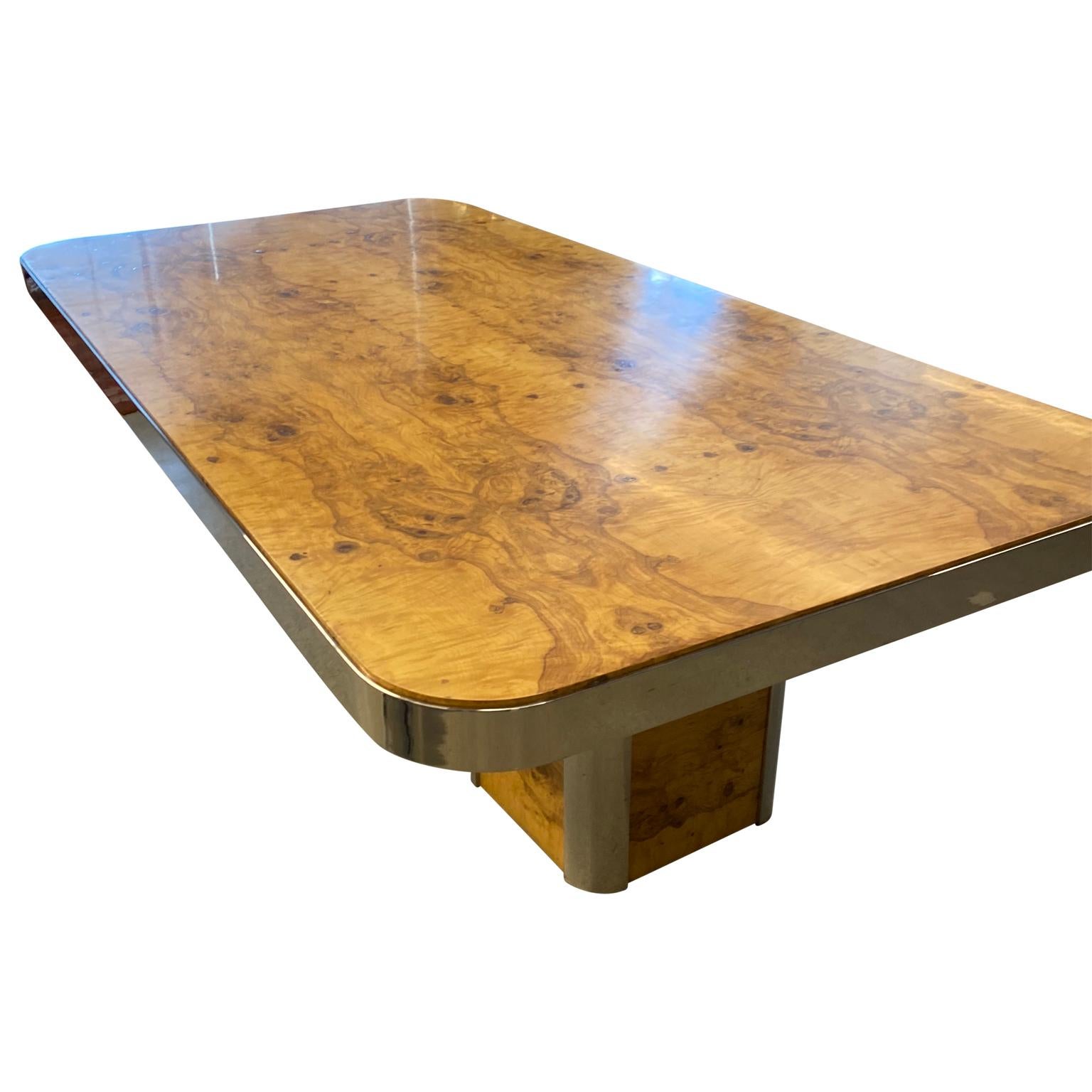Mid-Century Modern Large Pace Collection Dining Room Table Burl Wood and Chrome