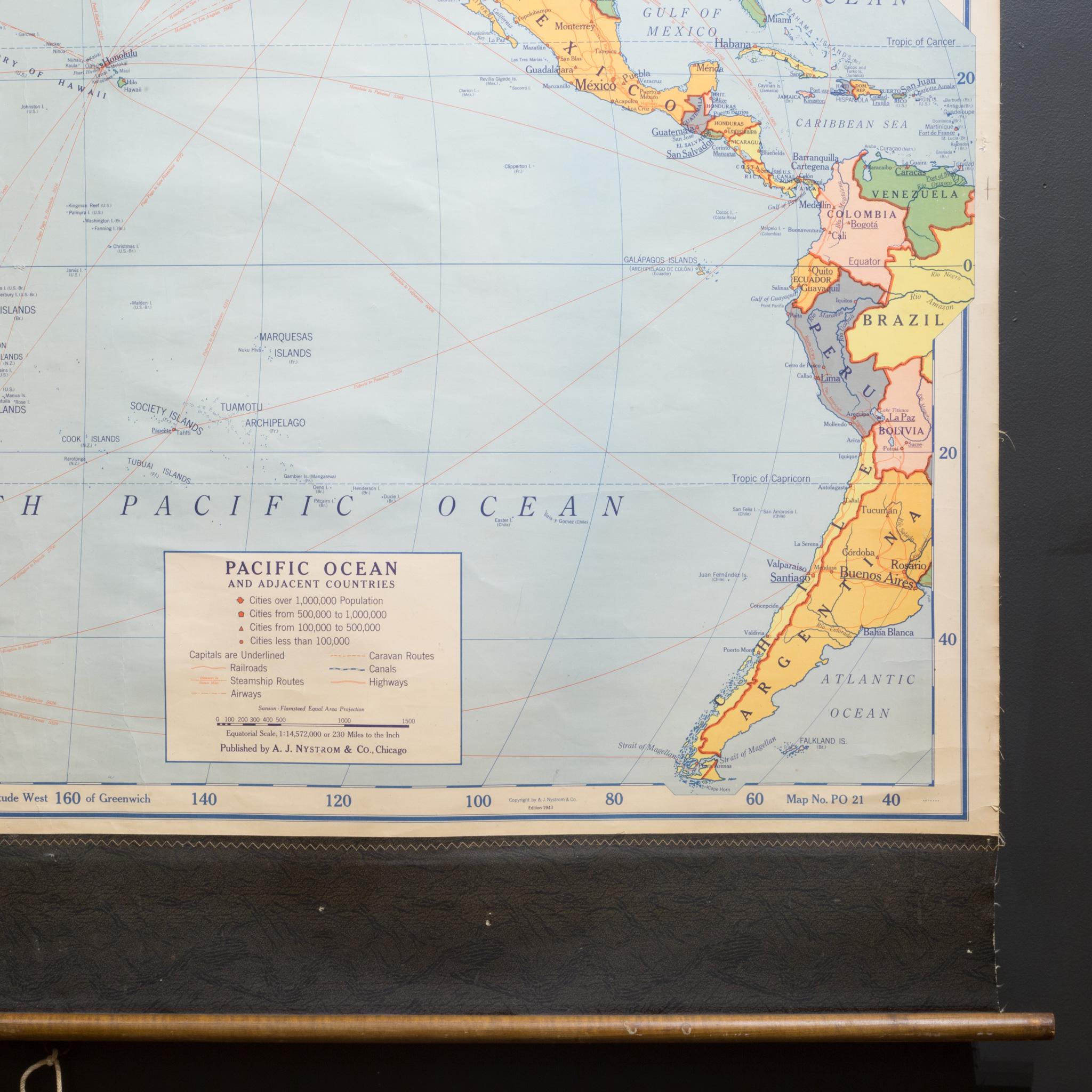 American Large Pacific Ocean Pull Down Classroom Map c.1943