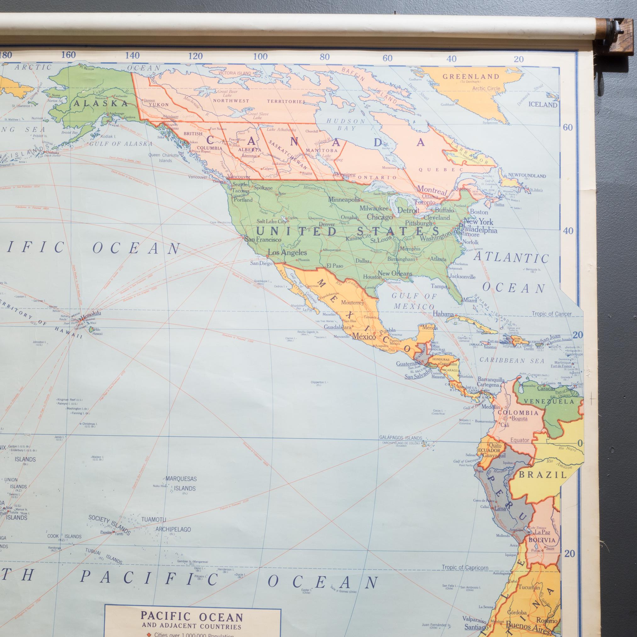 Large Pacific Ocean Pull Down Classroom Map c.1943 In Good Condition In San Francisco, CA