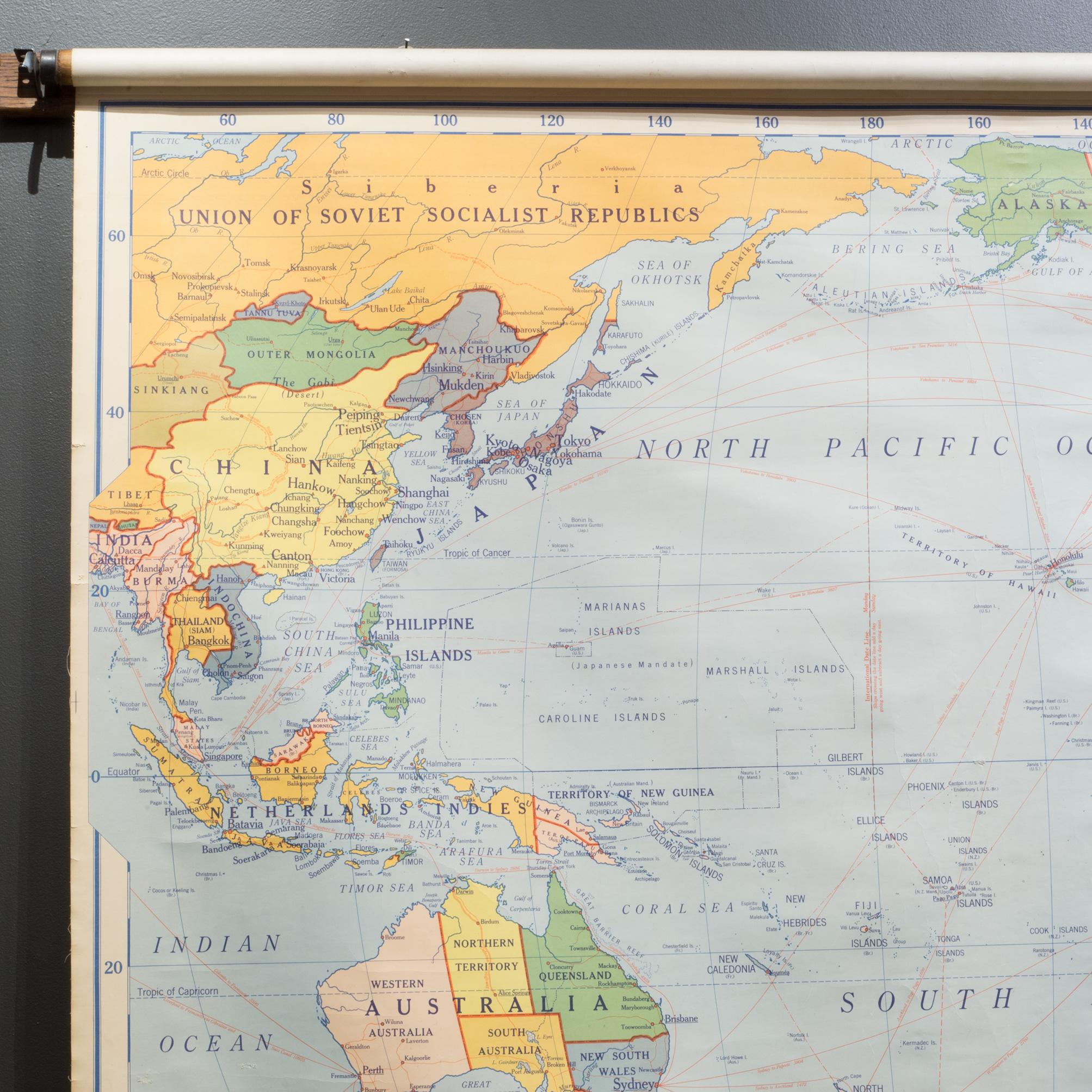20th Century Large Pacific Ocean Pull Down Classroom Map c.1943