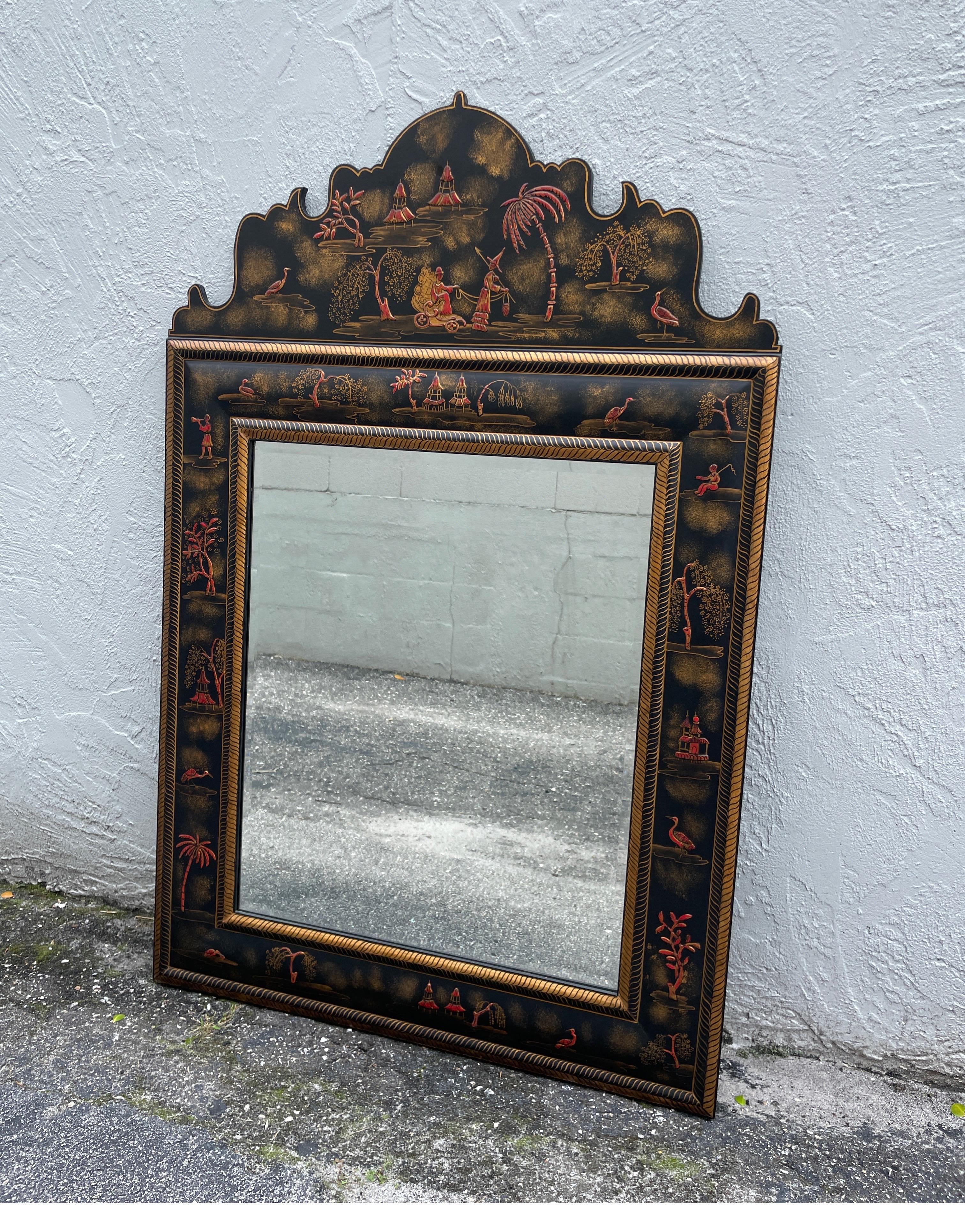 Vintage large Pagoda style chinoiserie mirror in black, red & gold. Very impressive scale with great detail in the design.