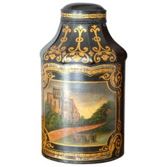 Antique Large Pagoda Style Toleware Tea Canister Black Hand Painted 19th Century English