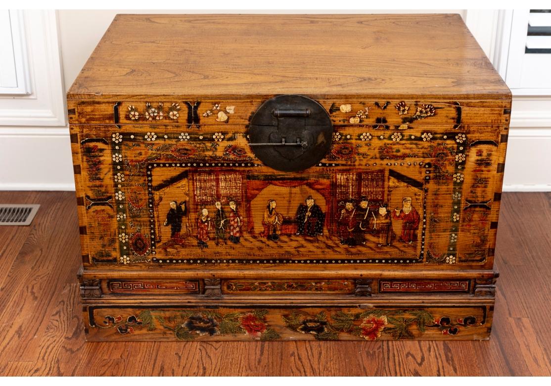 Ming Large Paint Decorated Chinese Trunk As Cocktail Table For Sale