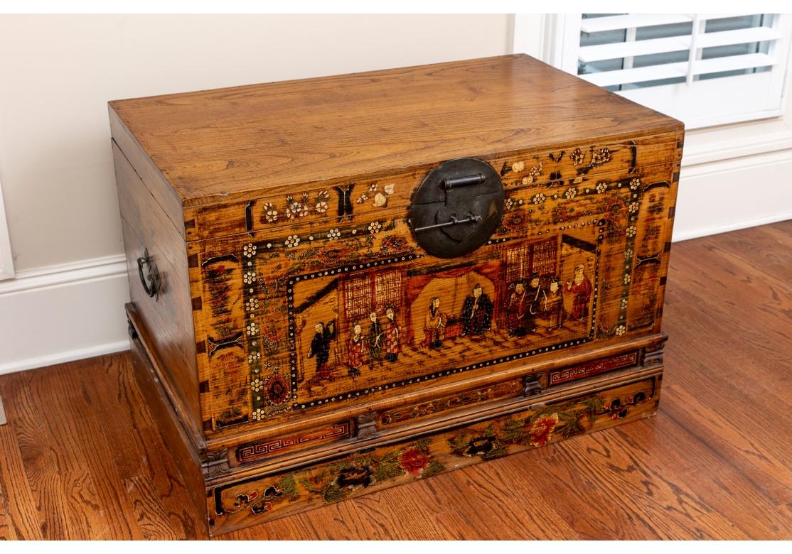 Hand-Painted Large Paint Decorated Chinese Trunk As Cocktail Table For Sale