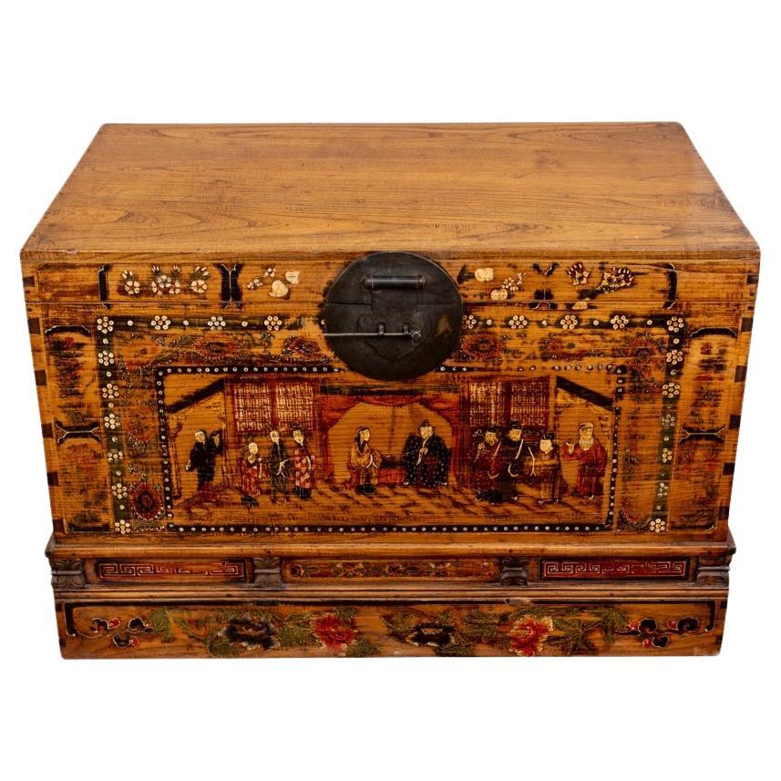 Large Paint Decorated Chinese Trunk As Cocktail Table For Sale