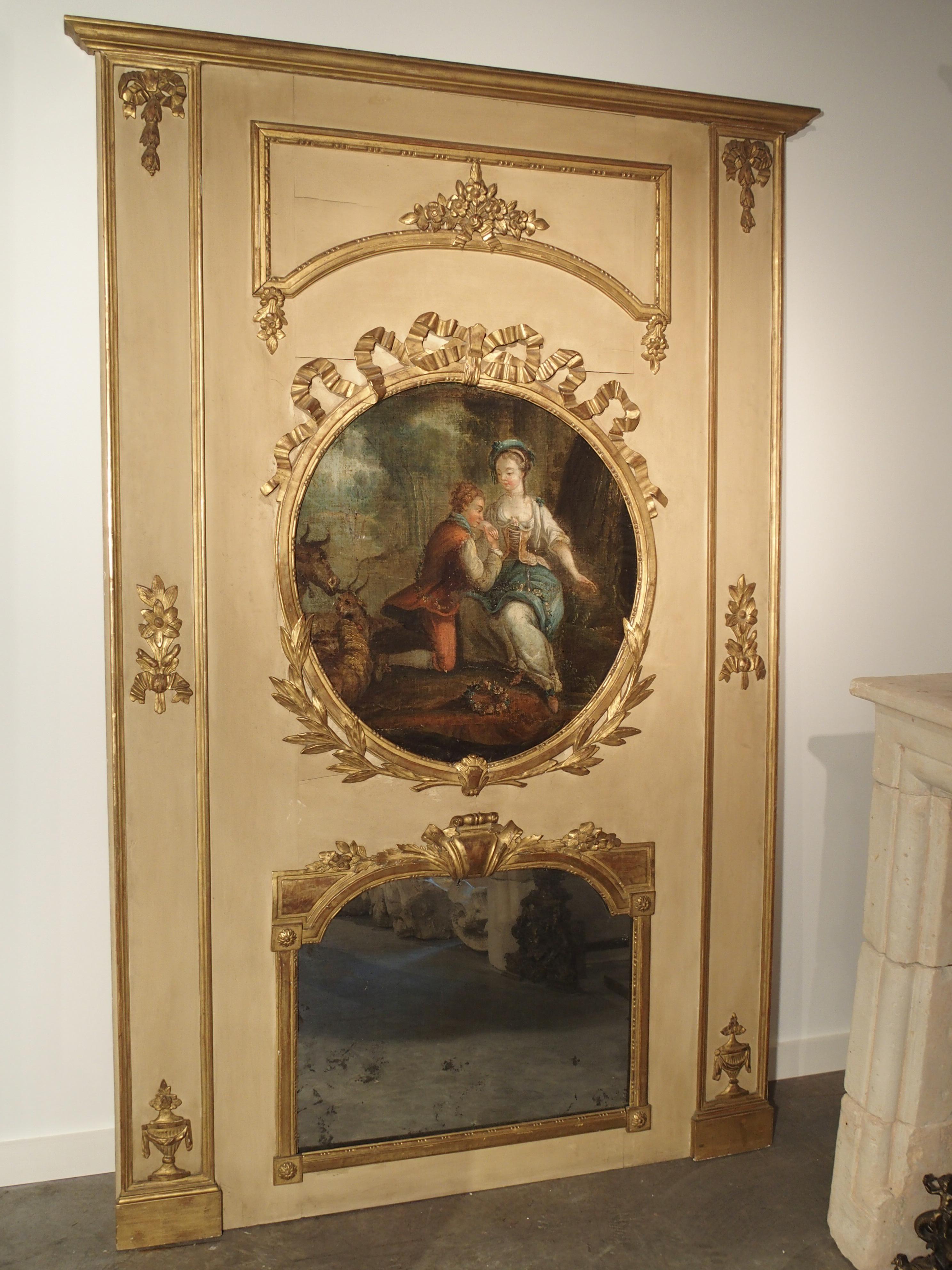 Large Painted Antique Louis XVI Style Trumeau Mirror, 19th Century 10