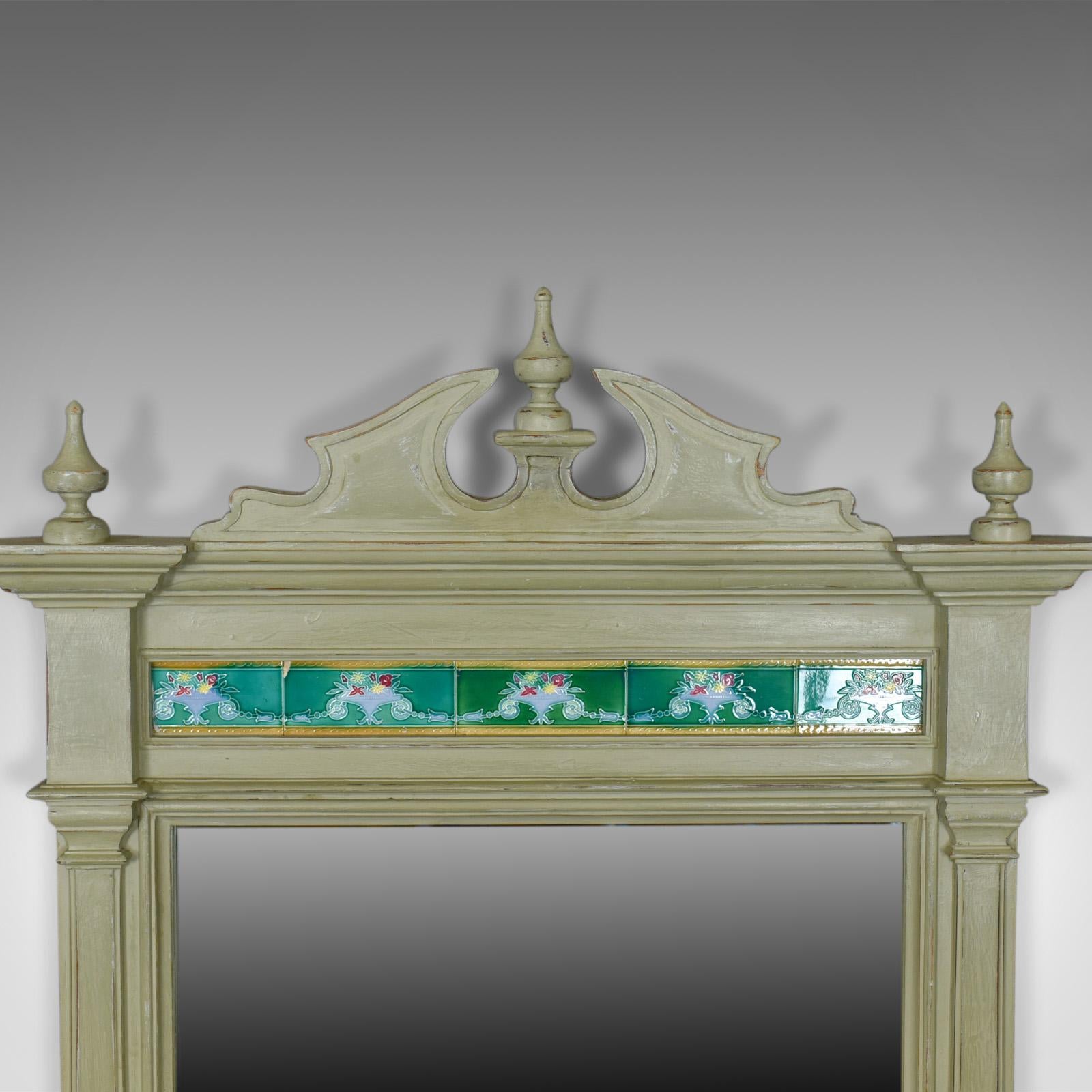 English Large Painted Antique Wall Mirror, Victorian, Overmantel Pier, Tiles, circa 1890 For Sale