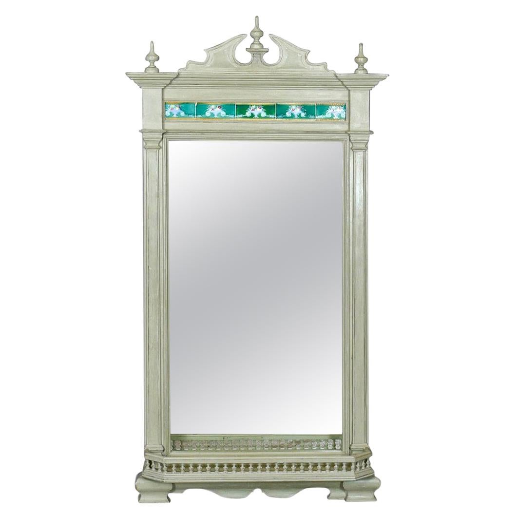Large Painted Antique Wall Mirror, Victorian, Overmantel Pier, Tiles, circa 1890 For Sale