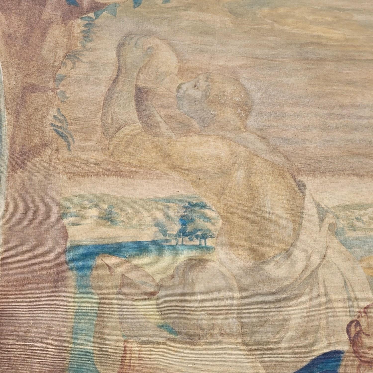Large Painted Canvas, Figures At The Fountain, Late 19th Century (Stoff) im Angebot