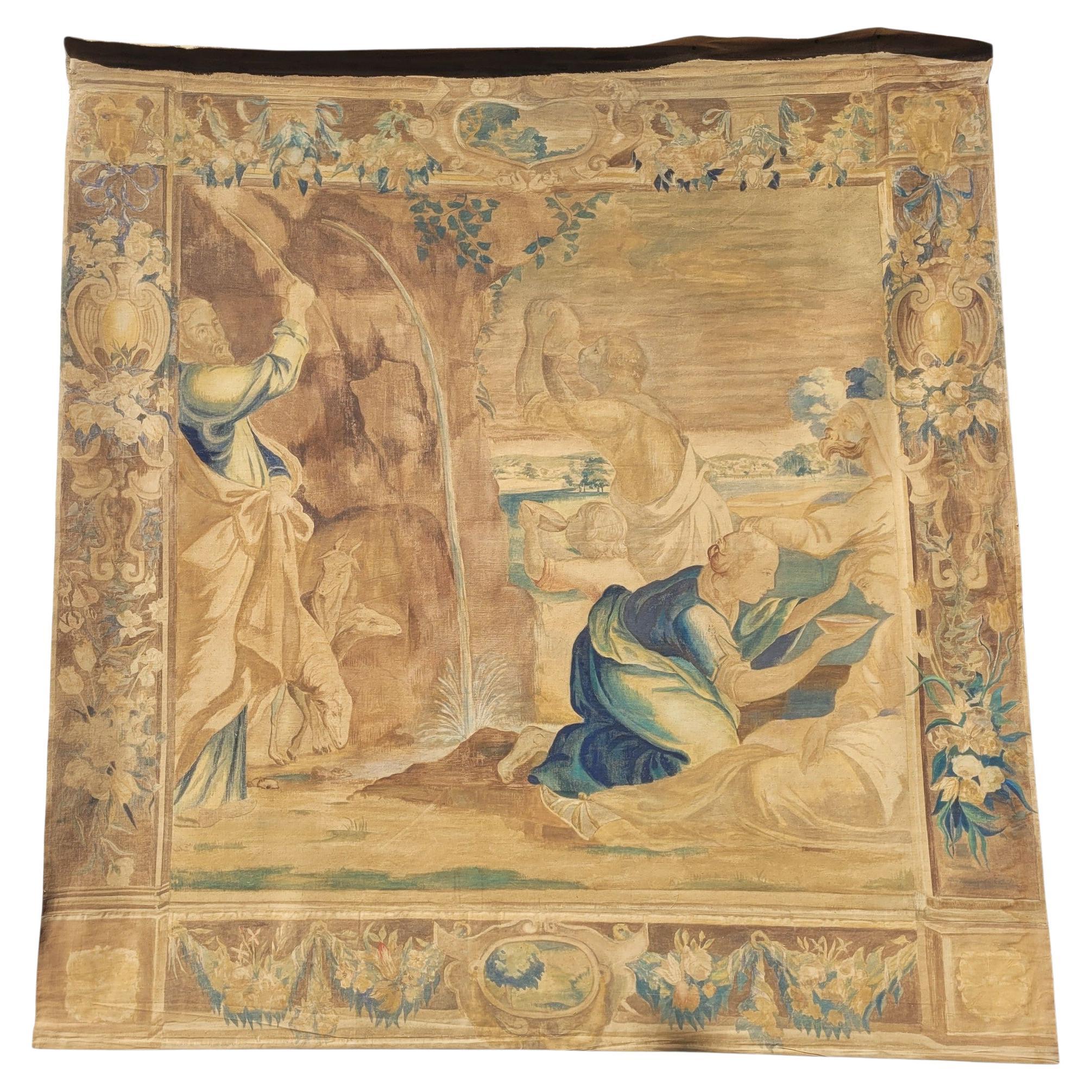 Large Painted Canvas, Figures At The Fountain, Late 19th Century