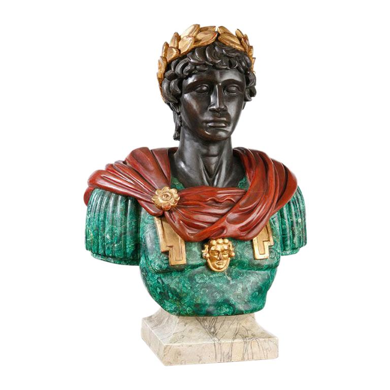 Large Painted Carved Wood Bust of Caesar For Sale