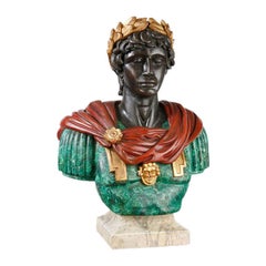Large Painted Carved Wood Bust of Caesar