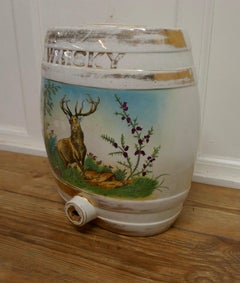 Large Painted Ceramic Scotch Whiskey Barrel, Stag at Bay