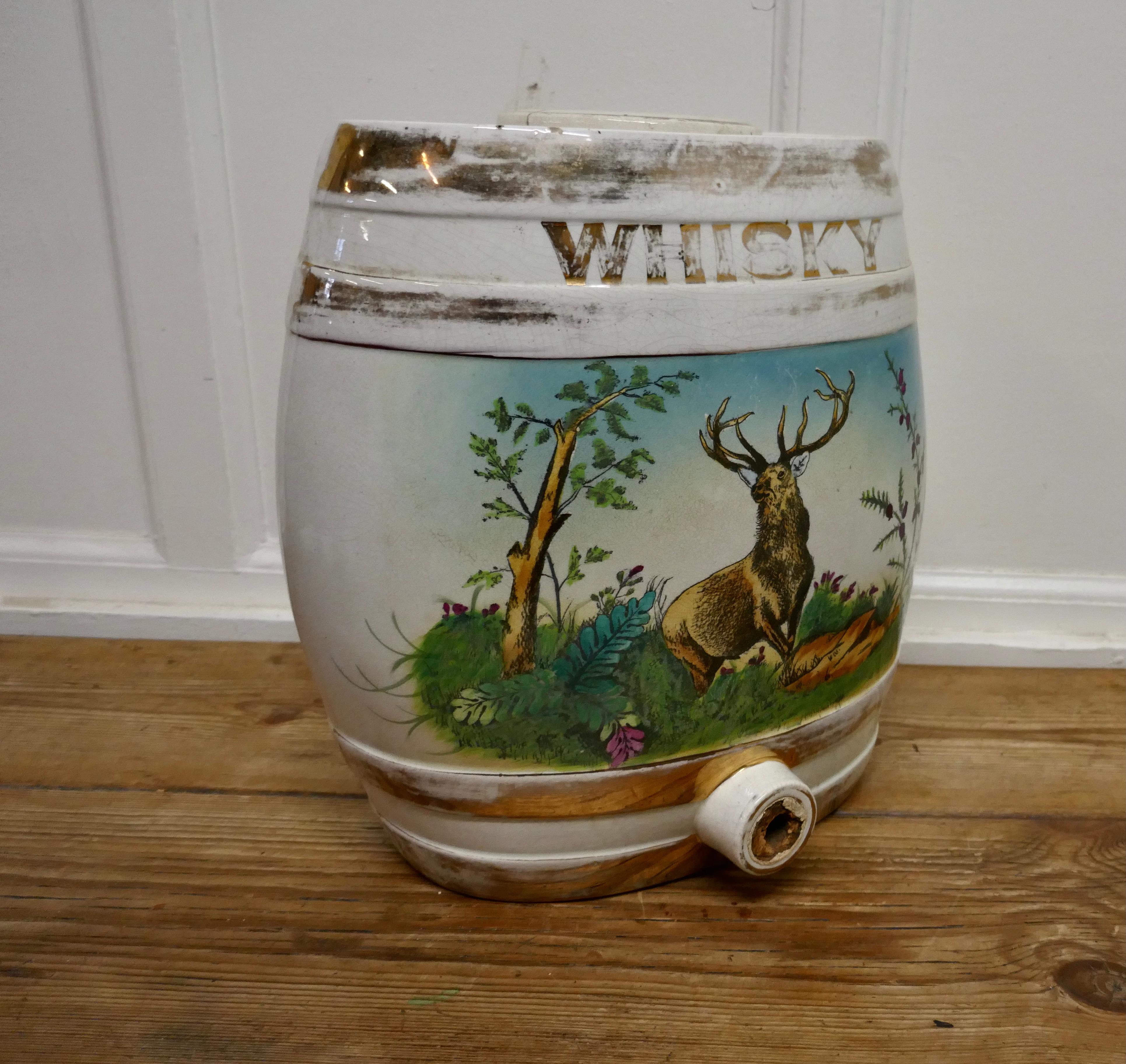 Large Painted Ceramic Scotch Whiskey Barrel, Stag at Bay In Fair Condition In Chillerton, Isle of Wight