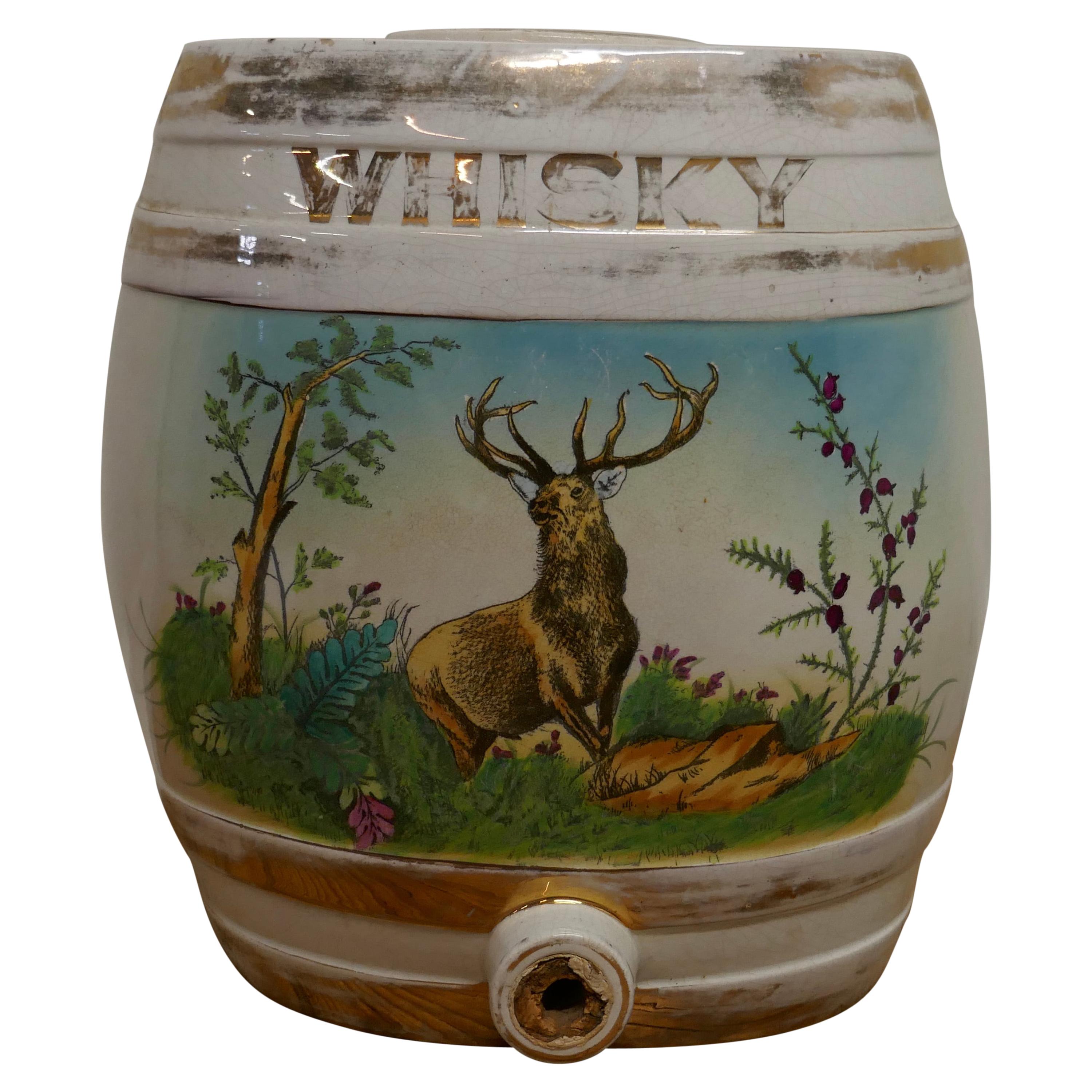 Large Painted Ceramic Scotch Whiskey Barrel, Stag at Bay