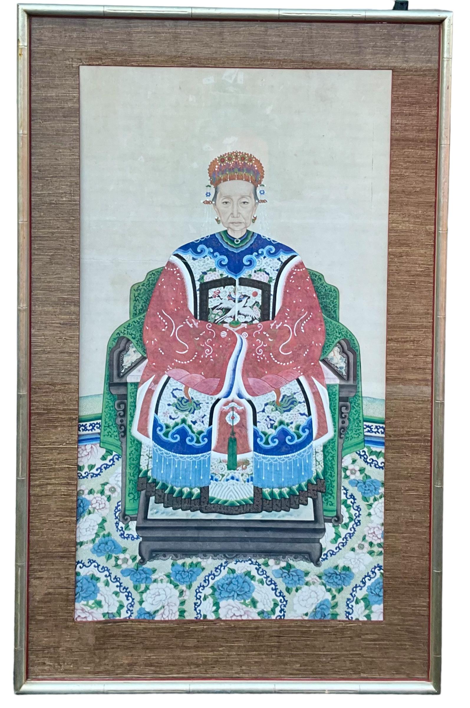 Large Painted Chinese Ancestral Portraits Grasscloth & Faux Bamboo Frames - S/2 For Sale 4
