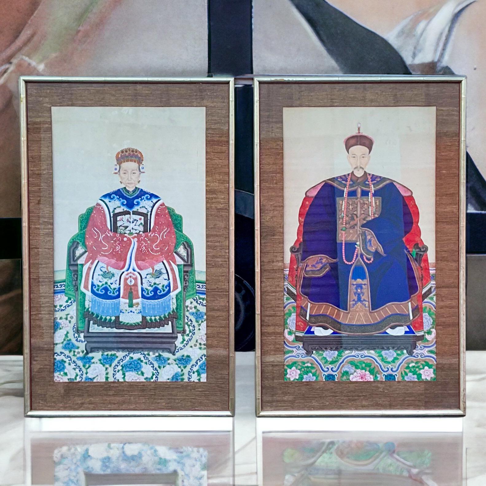 Qing Large Painted Chinese Ancestral Portraits Grasscloth & Faux Bamboo Frames - S/2 For Sale