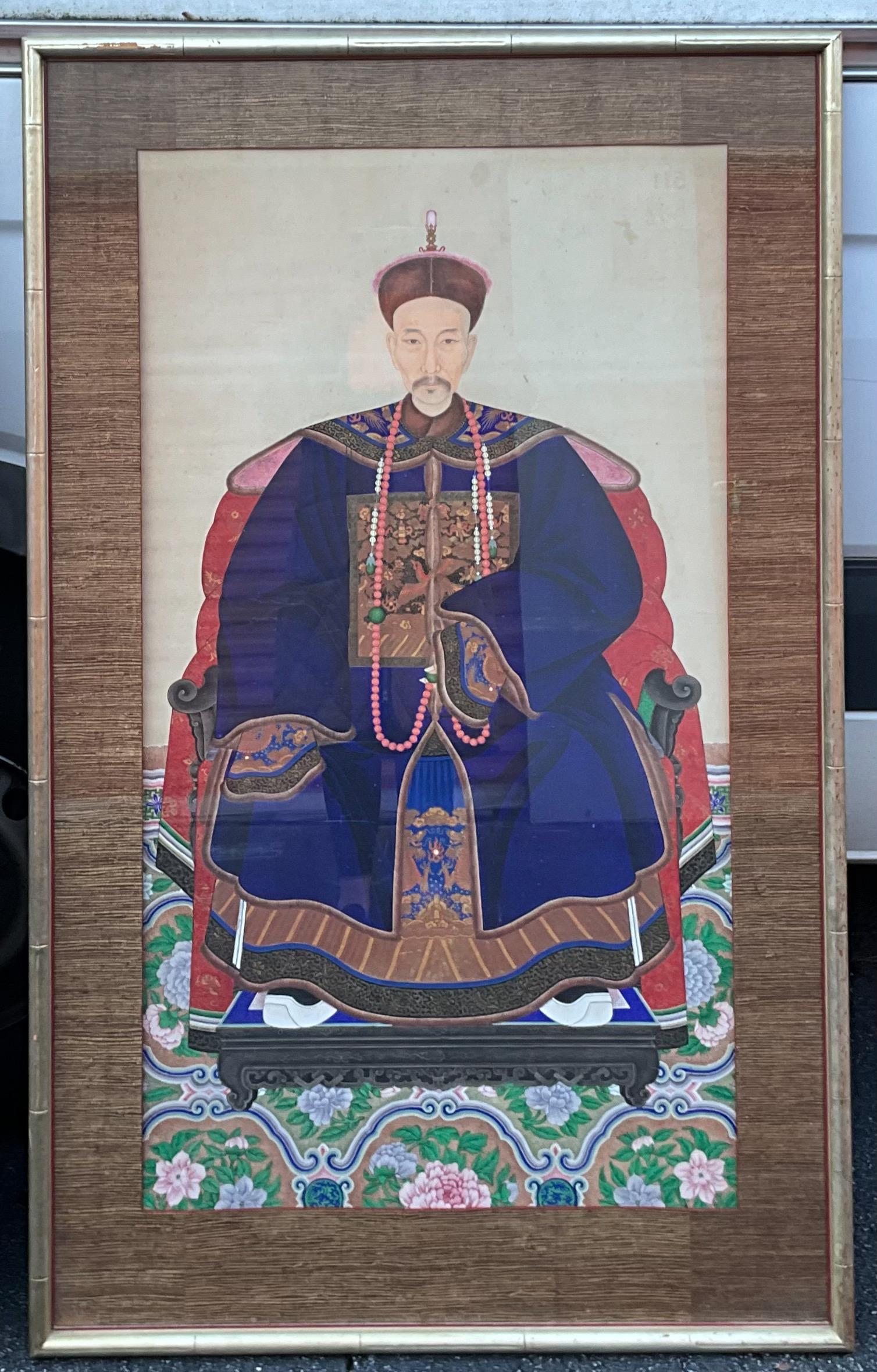 Large Painted Chinese Ancestral Portraits Grasscloth & Faux Bamboo Frames - S/2 In Good Condition For Sale In Kennesaw, GA