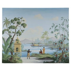 Large painted decorative panel, exotic scene, signed by J. Hubert