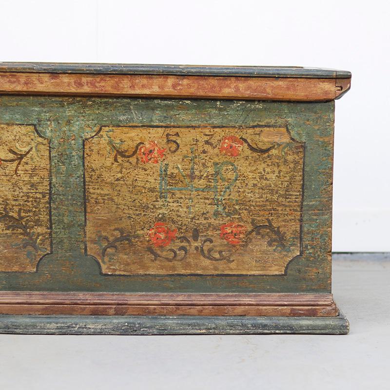 Antique Large Painted Folk Art Farmhouse Bridal Chest 1753 For Sale 5