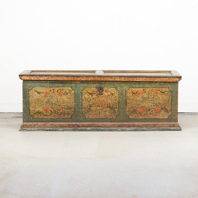 Antique Large Painted Folk Art Farmhouse Bridal Chest 1753 For Sale 2
