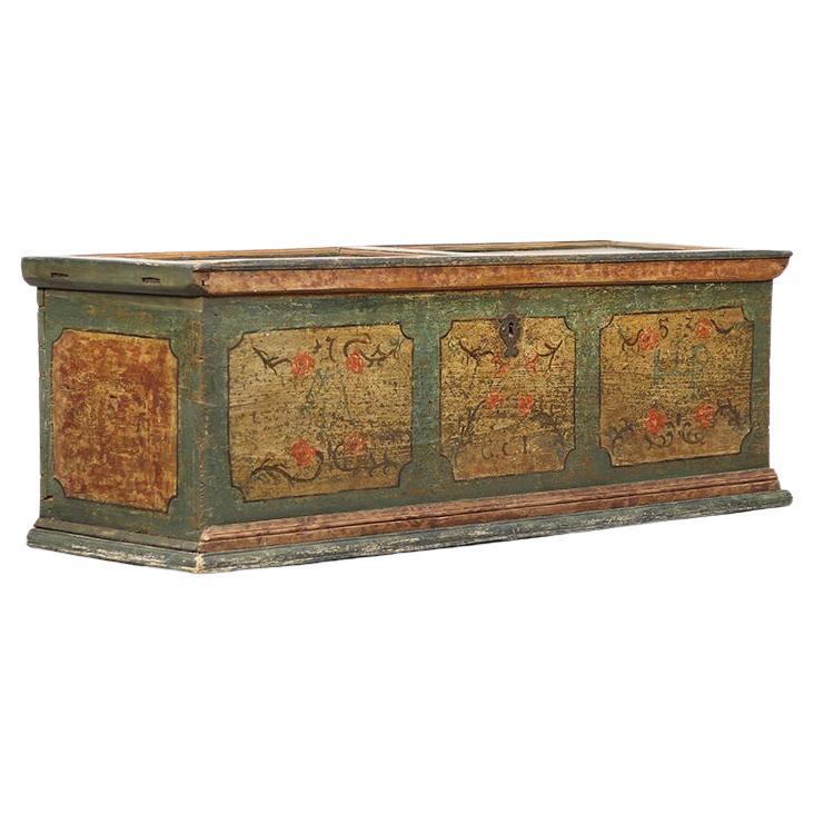 Grand coffre de mariage peint d
art populaire 1753