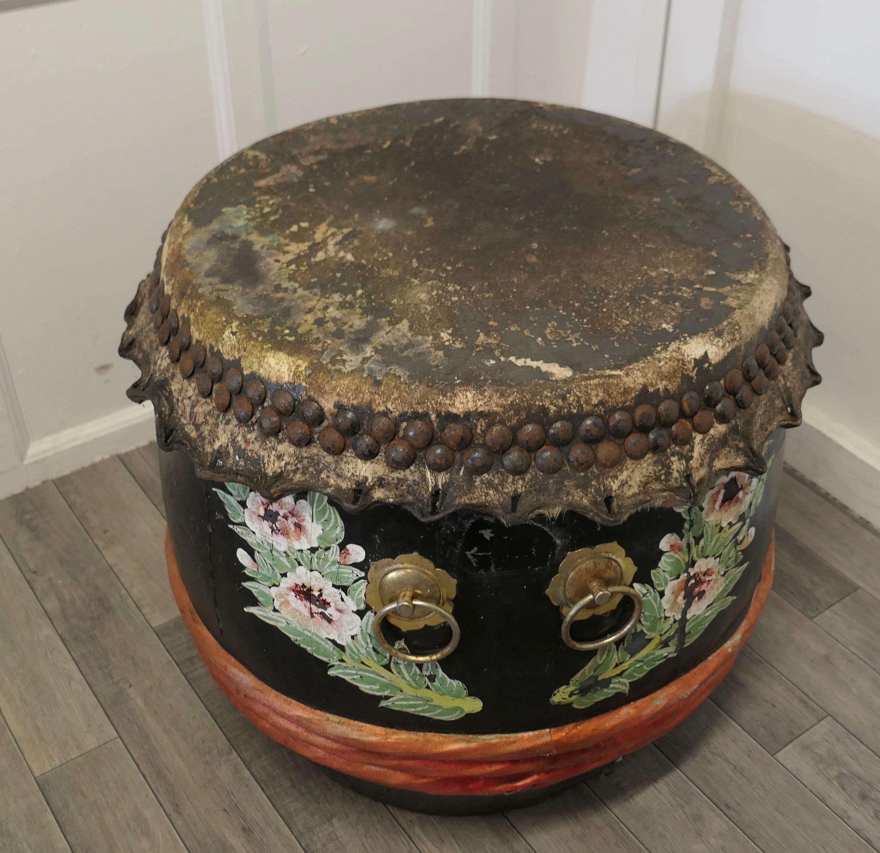 Large Painted Folk Art Drum

This is a very bright and colorful piece, the Drum is made in wood with colorful pictures on the outside, it has 3 brass ring handles, originally there would have been 4
The interior is fully sprung and the skin is